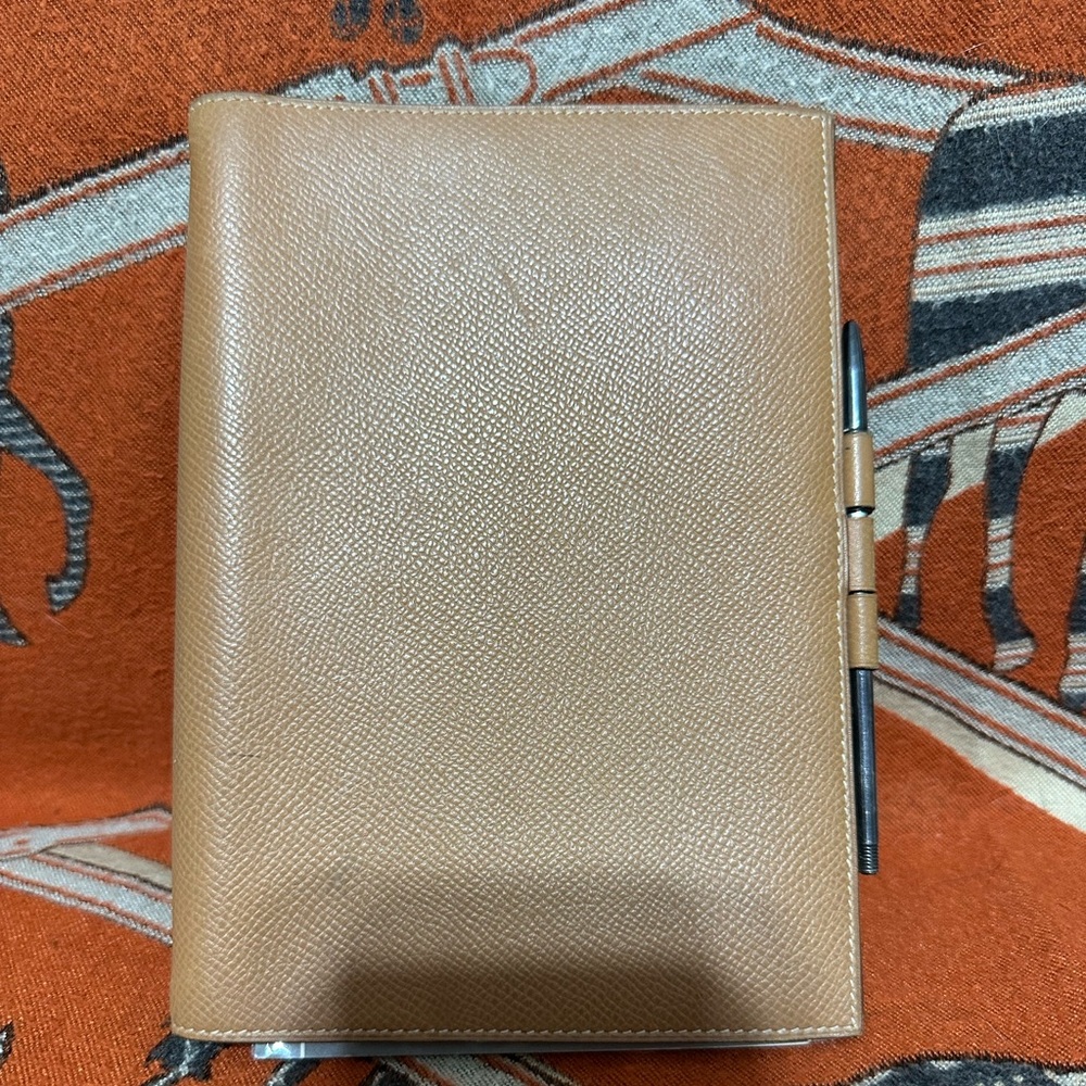 Hermes Tan Leather Notebook Cover with Pen Loop
